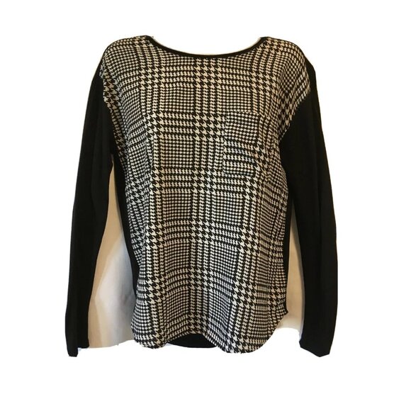 Michael Kors Women T-shirt Blouse Size XS Black Hounds Tooth Long Sleeves Dual - Picture 1 of 7